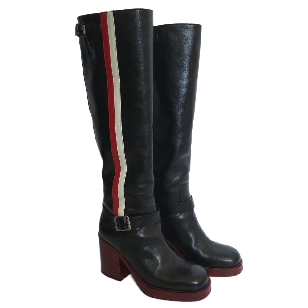 Christian Dior Black Leather Striped Knee-High Heeled Boots, EU 36 (US 6)